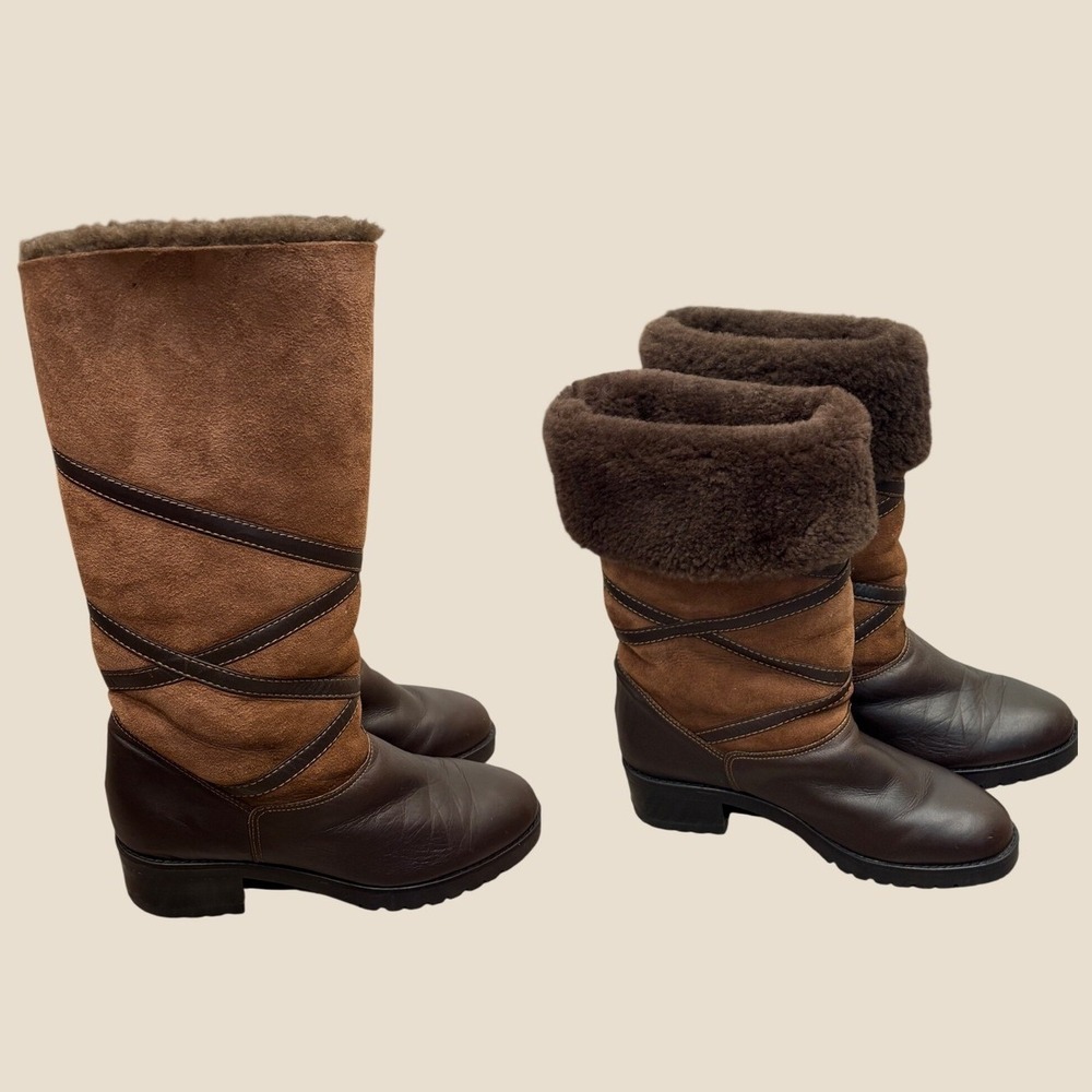 La Canadienne Brown Leather Suede Shearling Foldable Cuff Winter Boots 7 Cozy
